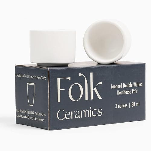 Folk Ceramics Leonard Ceramic Espresso Cups | Modern Stackable Demitasse Mugs for Espresso | Thick Walled, Handleless, Durable, Dishwasher & Microwave Safe | Set of 2, 3oz | Whisper White - Image 1