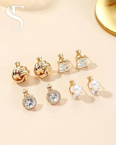 FIBO STEEL 10 Pairs Clip On Earrings for Women Non Pierced Ears CZ Pearl Knot Twist Chunky Hoop and Studs Earring Set Ear Clips Jewelry 14K Gold Plated thumbnail 6