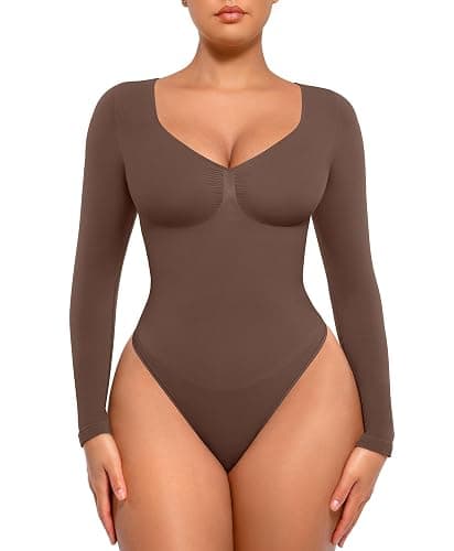 FeelinGirl Women's Long Sleeve Shapewear Bodysuit for Tummy Control Seamless Body Suits Thong V Neck Going Out Tops - Image 1