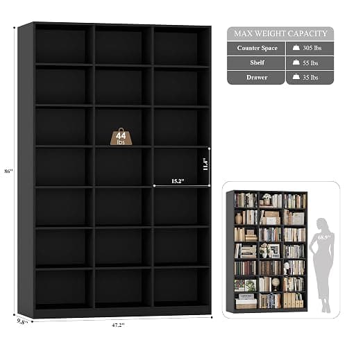 HOSTACK 86" H Triple Wide Bookshelf and Bookcase, 7 Tier Tall Bookshelf with Storage, Large Bookcase with 21 Open Display Storage Shelves, Wood Book Shelf Media CD DVD Storage for Living Room, Black thumbnail 3