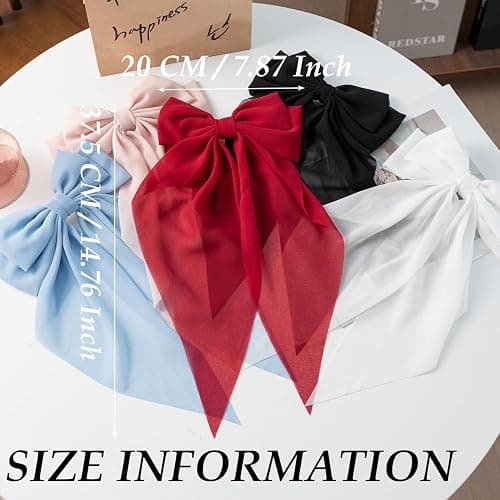 Hair Bows for Women & Girls: Big Bow Clips with Ribbons - Bow-Knot Clips for Thick & Thin Hair, Nonslip Claw Clips, 5 PCS thumbnail 2