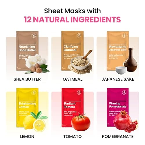 GLAM UP Korean Facial Sheet Mask 12 Combo Pack | Hydrating & Moisturizing Face Mask for Glass Skin | Soothing Korean Skincare for Sensitive, Dry Skin | Bulk Face Masks Gift Set for Home Spa thumbnail 5