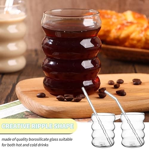 SevenMye 4 Pack Creative Beer Glasses Cups Ripple Shaped Vintage Clear Drinking Glasses with Straws Set Cute Drinking Glasses Coffee Glasses Ribbed Glassware Aesthetic Cups for Kitchen Juice Beverage thumbnail 5