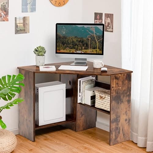 Tangkula Corner Desk, 90 Degrees Triangle Computer Desk for Small Space, Bedroom Makeup Vanity Desk with Storage Shelves & CPU Stand, Space Saving - Image 1