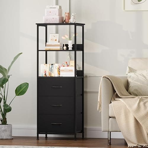 Somdot 3 Tier Bookshelf with Drawer, Tall Bookcase with Shelves, Bookshelf Desktop Organizer, Display Standing Shelf Units for Living Room, Bedroom, Study Room, Black thumbnail 2