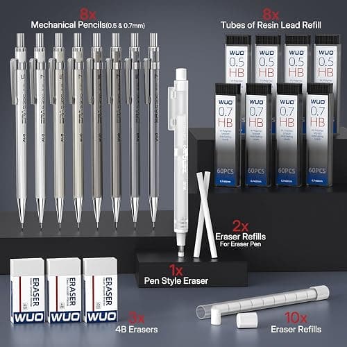 WUO 0.5&0.7mm Mechanical Pencil Set with Eraser Pen, 8PCS Metal Mechanical Pencils, 480 HB Lead Refills, 3PCS 4B Erasers, 10PCS Eraser Refills for Writing, Drafting, Drawing & Sketching thumbnail 7