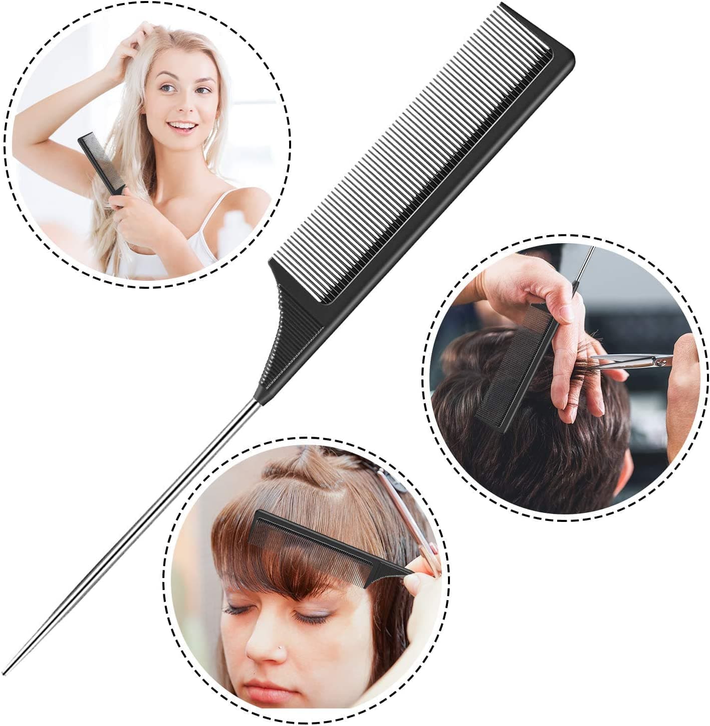 ROTOPATA 2 Pack Rat Tail Combs, Fine Tooth Combs with Steel Pintail | Lightweight Carbon Hair Comb, Black Pick Comb for Women Parting Teasing Coloring Braiding Salon Styling thumbnail 3