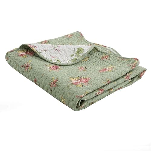 Cozy Line Home Fashions Vintage Floral Rose Green Chintz Sage Green Pink Yellow Scalloped Quilted Cotton Reversable Throw Blanket, 60"x 50" - Image 1