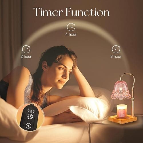 Candeldo Candle Warmer Lamp with Timer: Pink Flower Candle Warming Lamp with 2 Bulbs Height Adjustable Wax Warmer Dimmable Bedroom Decor Birthday Gift for Women thumbnail 4