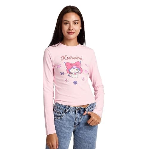 Bioworld Kuromi Character & Hearts Women's Cradle Pink Long Sleeve Baby Tee - Image 1