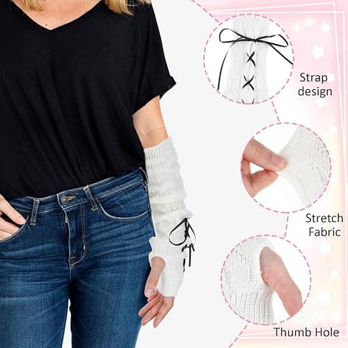 Arm Warmers Cute Y2k Harajuku Japanese Style Long Fingerless Gloves for Women Girls, Cold Weather Fsahion Lotila Arm Sleeve Thumb Hole Gloves (15.7Inch)(White) thumbnail 3