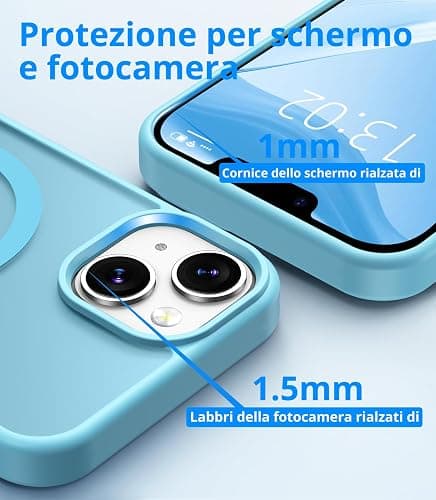Vansdon Cover Magnetica per iPhone 13/14 con 1 Pezzi Vetro Temperato, Compatibile con Magsafe, Protezione anticaduta di livello militare, Custodia Traslucida Opaca Sottile Antiurto-Azzurro chiaro thumbnail 6