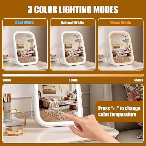 Rechargeable Travel Makeup Mirror, 8"×6" Small Vanity Mirror with Lights, 1500mAH Battery, 3-Color Lighting, Dimmable, 360° Rotation, Portable Desk Mirror with Storage Pouch, Travel Essentials (White) thumbnail 6