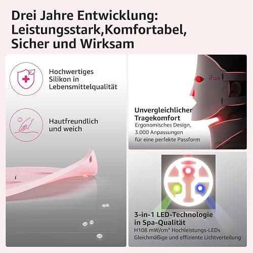 IFAE LED Gesichtsmaske, 630nm&830nm Silikon Rotlichtlampe Gesicht, 396 Chips Rotlicht Maske Gesicht mit 5/10/15/20 Timer, Gesichts & Halsmaske, Wiederaufladbar und Ergonomisches Design(Hellrosa) thumbnail 3