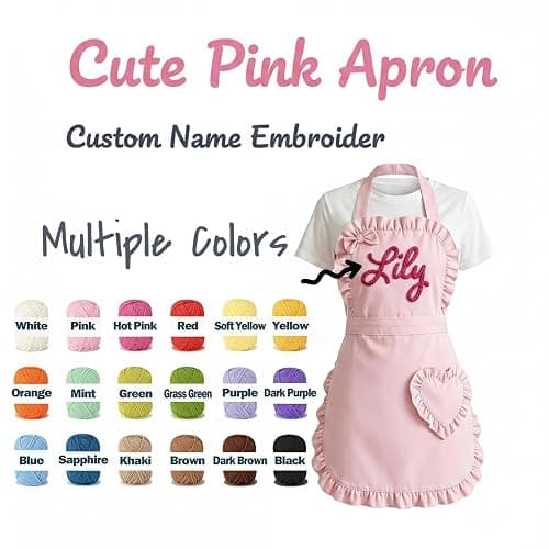 Varedia Custom Aprons for Women with String Embroidery Name and Heart-Shaped Pouch Personalized Pink Aprons for Kitchen, BBQ thumbnail 3