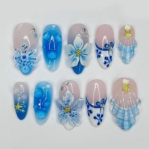 French Tip Press on Nails Medium Almond SWEKKE 3D Floral Fake Nails False Nails with Flower Stars Designs Blue Glossy Glue on Nail Summer Acrylic Nail for Women Girls 24Pcs - Image 1