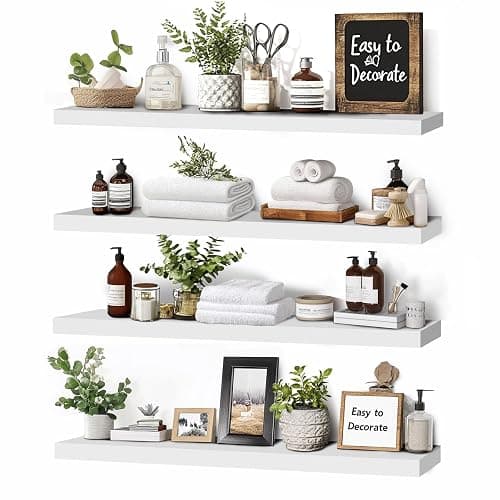 ABSWHLM 16x5.8x0.8in Floating Wall Shelves Rustic Solid Wood 4-Pack, White | Pine Wood, Easy To Install, Multi-Functional Storage, Living Room Bedroom Decor, Multi-Purpose Storage & Decor Design - Image 1