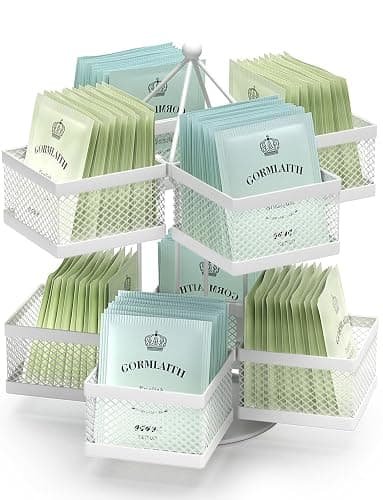VOGWOLTH Tea Bag Organizer, Tea Bag Storage Holder Spinning Carousel 96 Teabags Container, Lazy Susan Coffee Creamer Sweetener Tea Caddy for Kitchen Counter Cabinet Pantry Shelf Organizer - Image 1