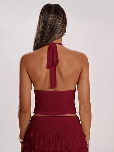 Women's Y2K Mesh Halter Top Sexy V Neck Backless Open Back Leopard Cheetah Print Polka Dot Going Out Tops for Women thumbnail 4