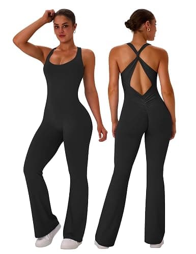 TDIFFUN Flare Workout Jumpsuits for Women One Piece Sleeveless Scrunch Butt Lifting Gym Bodysuit Sexy Backless Yoga Outfits - Image 1