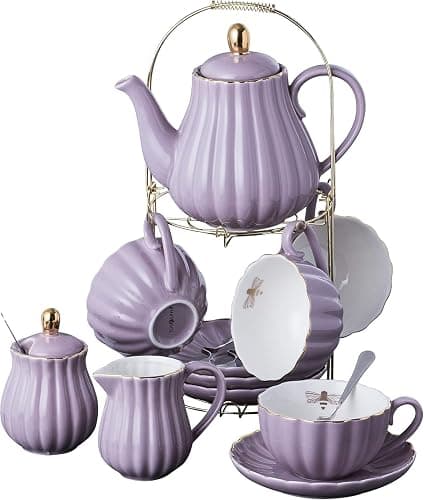 Jusalpha Porcelain Tea Set- 8 OZ Coffee/Teacup, Saucer, Cup Holder, Purple | 17-Pieces, Serve of 4- included Teapot, Creamer set, Spoons and Cup holder Stnad (FD-TW17PC SET, Purple) - Image 1