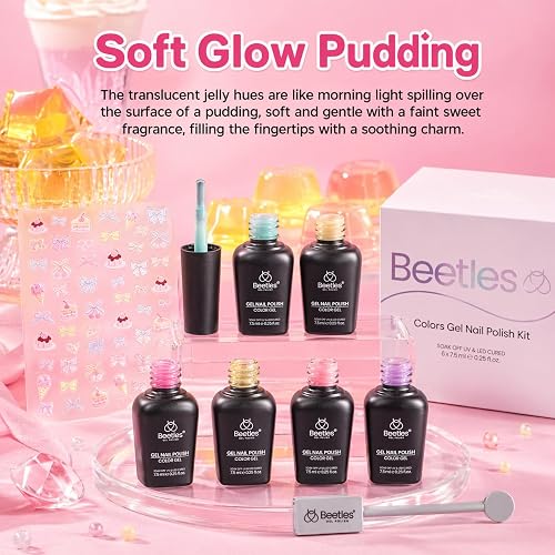 Beetles Jelly Gel Nail Polish Set, 6 Colors Pastel Pink Cat Eye Blue Purple Yellow Green Glitter Gel Polish Kit with Magnet Sticker Soak Off UV Gel Nail Art Salon DIY at Home Summer Gift for Women thumbnail 7