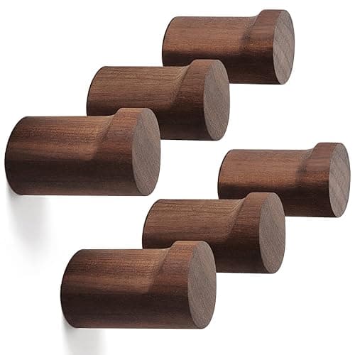 bsdonte Wood Wall Hooks 6 Pack, Natural Wooden Coat Hooks Wall Mounted, Handmade Rustic Hat Hooks Heavy Duty Entryway Wall Hangers for Hanging Towels, Clothes, Bags (Black Walnut Wood) - Walnut - 6 Pack - Image 1