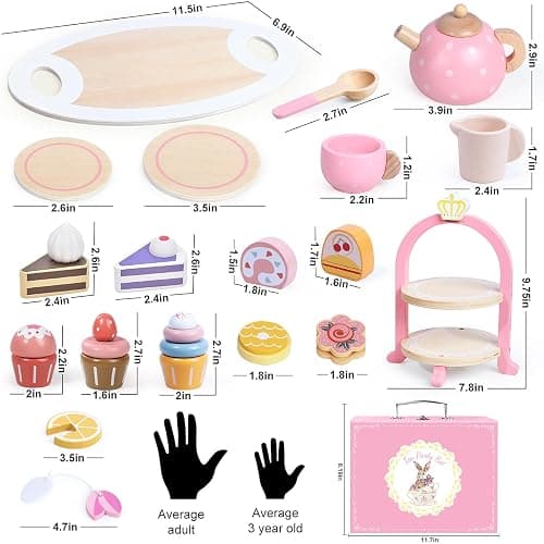 Wooden Tea Party Set for Little Girls, Toddler Girl Gifts Princess Tea Time Toys, Wooden Tea Set Tray Cake Dessert, Kids Kitchen Pretend Play, Birthday for Girls Age 2-5 Years Old thumbnail 3