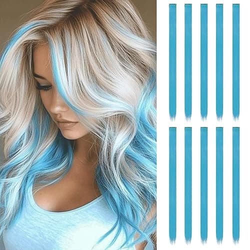 10 Pcs Blue Hair Extensions | 22 In Long Straight Fake Hair | Clip In Hair Extension | Hair Accessories for Girls (Lake Blue) - Image 1