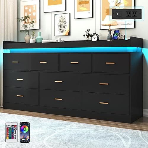 10 Drawer Dresser with LED Light and Charging Station, Modern Chest of Drawers for Closet, Wide Drawer Organizer Cabinet, Living Room, Entryway, Hallway, Black