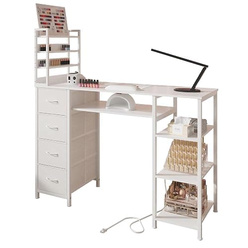 NinPeen Manicure Table Nail Desk for Nail tech with Drawers and Power Outlet,Nail Beauty Table with Storage and Open Shelves for Home,Workshop,Makeup Beauty Salon Workstation (White) - Image 1