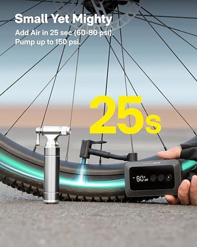HOTO Mini Bike Tire Pump, 25s Fast Inflate Bicycle Pump with Guage, 150PSI Portable Electric Bike Air Pump with Presta and Schrader Valve for Road Bike, Motorcycle, Mountain Bike, Car, Sports Ball thumbnail 2