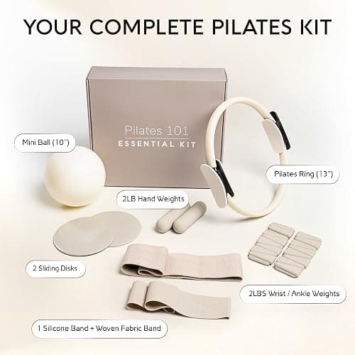 Pilates 101 Essential Pilates Kit & Equipment — Pilates Ring, Mini Ball, Resistance Bands, Hand Weights, Adjustable Ankle & Wrist Weights, Gliding Discs | 7-Piece Studio-Quality Set for Home & Studio thumbnail 2