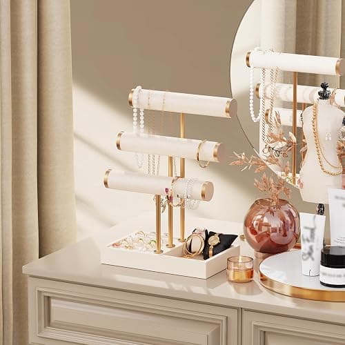 Abiglifty 3 Tier Necklace Holder Display, Jewelry Organizer, Jewelry Stand, Bracelet Display, Necklace Organizer, Bracelet holder, Jewelry Display for Necklace, Watches, Rings, Beige thumbnail 2