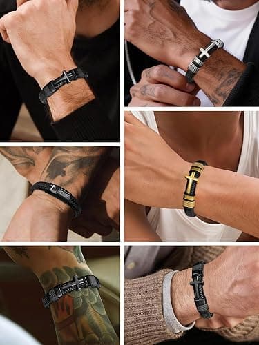 Black Cross Cuff Bracelet for Men,Stainless Steel Braided Leather Bible Verse Bracelet with Joshua 1:9 Inspirational Faith Gift for Dad,Brother,Son,family,Religious Baptism and Confirmation Gifts thumbnail 6