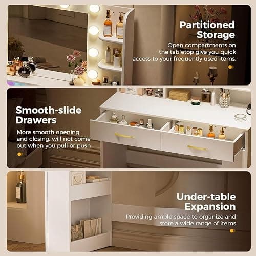 LUCKRACER Vanity Desk with LED Lights Mirror & Charging Station, Makeup Vanity with Storage Drawers and Shelves, Modern Dressing Table for Women Girls Bedroom, Ivory White thumbnail 8