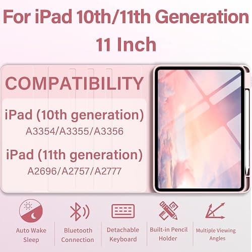 BQDIYOO Case for iPad 11th/10th Generation with Keyboard, 11-inch A16 & 10.9 inch 7 Colors Backlit Wireless Bluetooth Keyboard Case with Pencil Holder, Cover for iPad 11/10 Gen 2025/2022, Pink thumbnail 2
