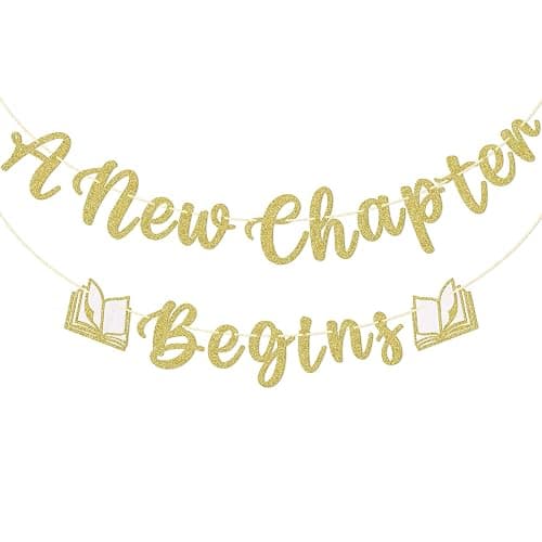 A New Chapter Begins Banner - Book Themed Baby Shower Decorations, Reading Themed Party Decorations, Gold and White Glitter - Image 1