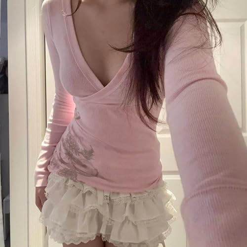 Womens Y2k Floral Print Tops V Neck Grunge Vintage Long Sleeve T-Shirts Emo Graphic Cute Silm Fit Clothes thumbnail 3