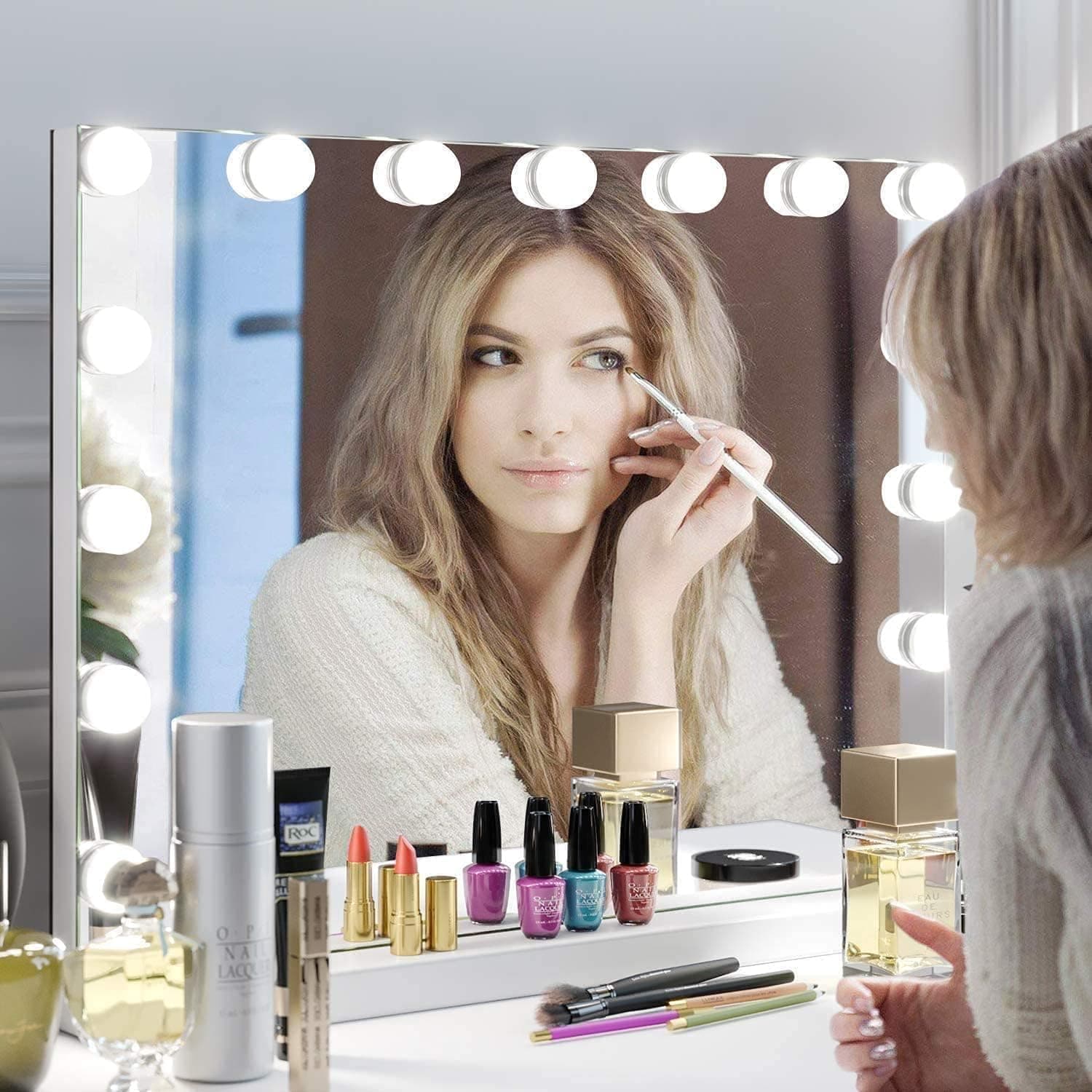 BLC Hollywood Vanity Mirror with Lights, Makeup Mirror with 15 Upgraded Dimmable LED Bulbs, 3 Lighted Color with 10X Magnification Mirror, USB Charging Port, Tabletop and Wallmounted (White, 55x45cm) thumbnail 7