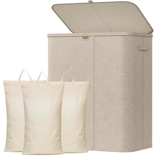Lifewit 185L Large 3 Section Laundry Hamper with Lid, Plastic Laundry Basket with Bamboo Handles and Removable Bags, Tall Foldable Clothes Hamper for Bathroom Bedroom, Beige - Image 1
