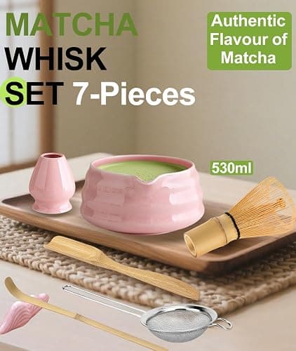 JBER Matcha Kit 7 Pièces, Matcha Set - Fouet Matcha Bambou, Bol à Matcha, Support pour Fouet, Cuillère et Tamis, Kit Matcha pour Cérémonie du Matcha - Rose thumbnail 2