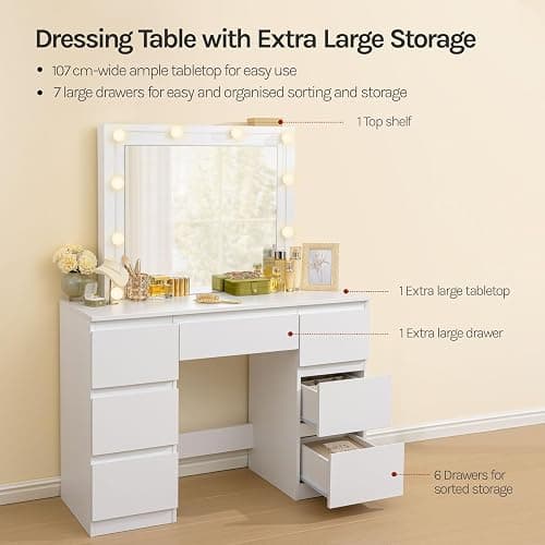 WOLTU Dressing Table with LED Bulb Lights, Adjustable Brightness, Vanity Table Makeup Desk with Large Mirror and 7 Drawers, 107 x 140.5 x 39.5 cm, White Bedroom Dresser, MB6099ws thumbnail 4