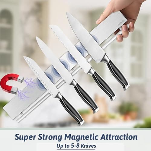 17" Magnetic Knife Holder for Wall, Stainless Steel Knife Magnetic Strip | No Drill with 10 Hooks/Adhesive Tape/Screws, Kitchen Utensil Holder, Magnetic Knife Organizer, Wall Mounted Knife Storage thumbnail 4