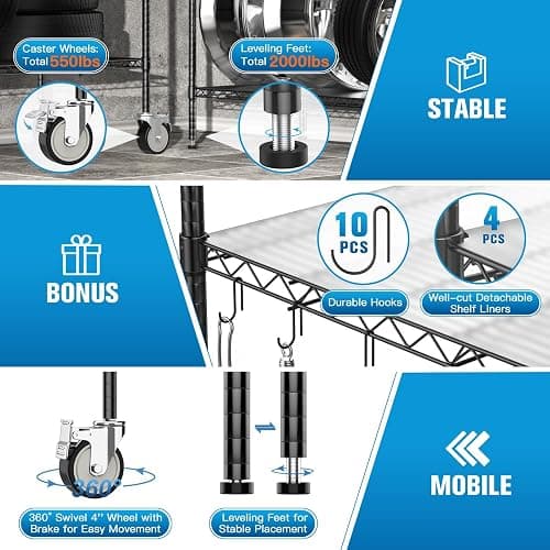 Wire Shelving with Wheels, 60x24x72 Inch, 2000 Lbs Storage Shelves Heavy Duty, Commercial-Grade Adjustable Utility Shelf, NSF-Certified Metal Storage Rack with Shelf Liners, 4-Tier, Matte Black - Matte Black - 4-Tier 60"x24"x72" thumbnail 5