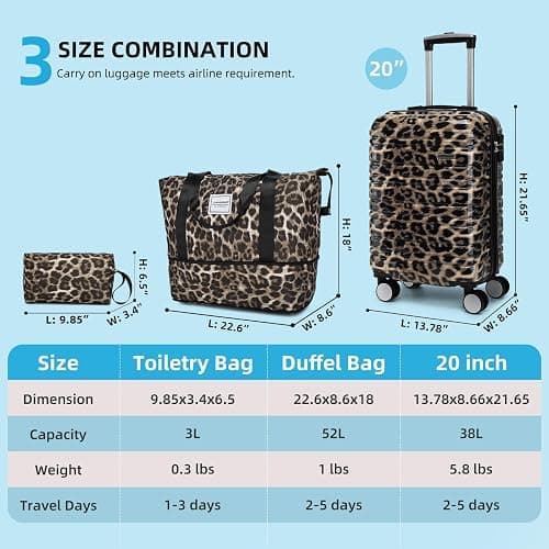 LARVENDER Luggage Sets 3 Piece, Hardside 20 IN Carry on Luggage Airline Approved PC+ABS Suitcase Set with Spinner Wheels TSA Lock, Lightweight Rolling Suitcase for Men and Women, Cheetah Print thumbnail 2