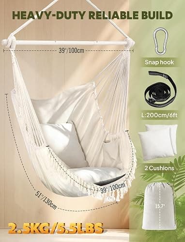 Chihee Hammock Chair Max 500 Lbs 2 Cushions Spreader Bar Strap Carabiner | Collapsible Metal Rod with Anti-Slip Grooves Portable Hanging Swing Side Pocket Macrame Bohemian Chair Indoor Outdoor Graden thumbnail 3