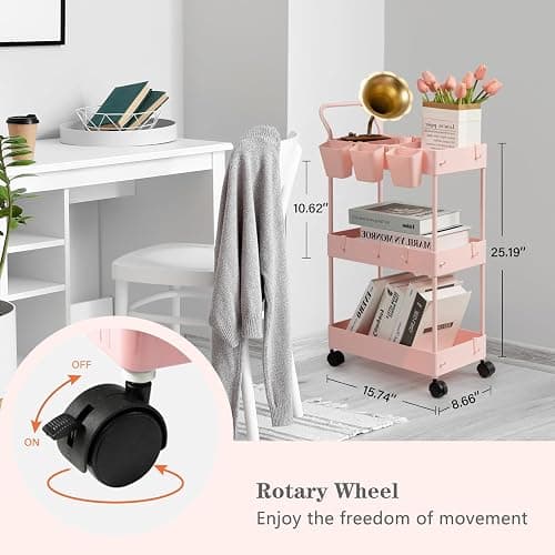 danpinera 3-Tier storage trolley, storage trolley on wheels, beauty trolley with Dividers & Hooks & Hanging Cups, kitchen trolley, storage cart for Kitchen, Make-Up, Bathroom, Office, Pink thumbnail 3