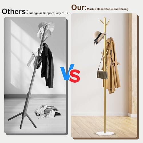 Wtiujhg Coat Rack, Metal Freestanding Coat Rack with 8 Hooks, Sturdy Coat Tree with Natural Marble Base for Coats, Hats, Scarves and Handbags for Entryway, Hallway, Bedroom, Office,Dorm (Gold) thumbnail 5