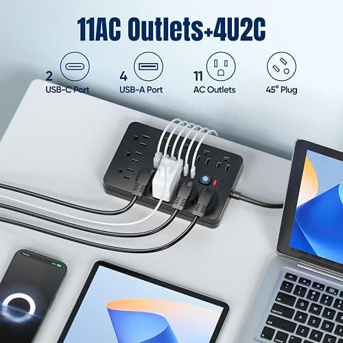 JouleLoom 6 FT Flat Plug Surge Protector Power Strip,11 Multiple AC Outlets with 6 USB Ports (2 USB C), 6 Feet Extension Cord, 1250W/10A, One Touch Switch Button, 17 in 1 Compact powerstrip thumbnail 2